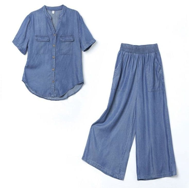 ゆったりノーカラー半袖シャツ+ワイドパンツ 大きめサイズ◎ 上品リラックス 薄手デニムセットアップ