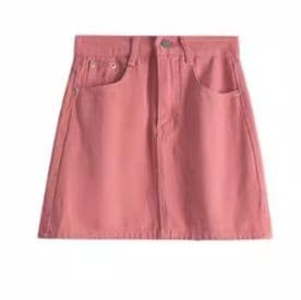 デニムセットアップ ピンクジャケット×セミタイトミニスカート 小柄女子のドーパミンカラー2点セット