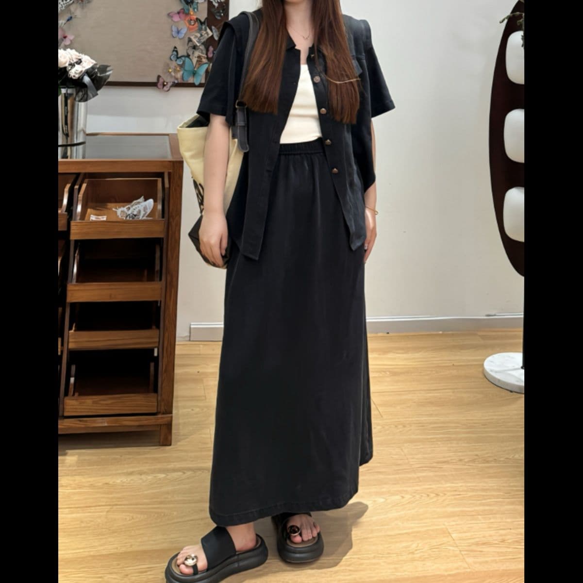 ゆったり半袖ジャケット&ロングスカート 大きめサイズの高見えブラックデニムセットアップ