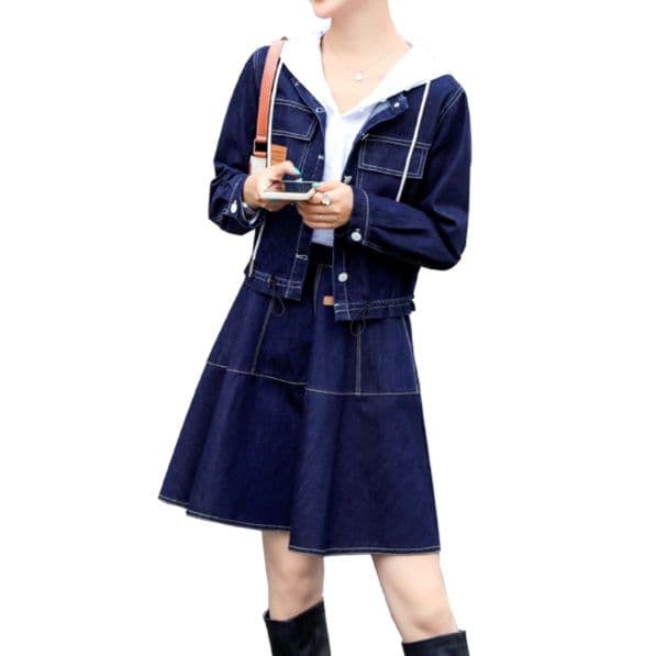 デニムセットアップ クラシカルジャケット&フード付きトップス&フレアミニスカート きれいめガーリー3点セット