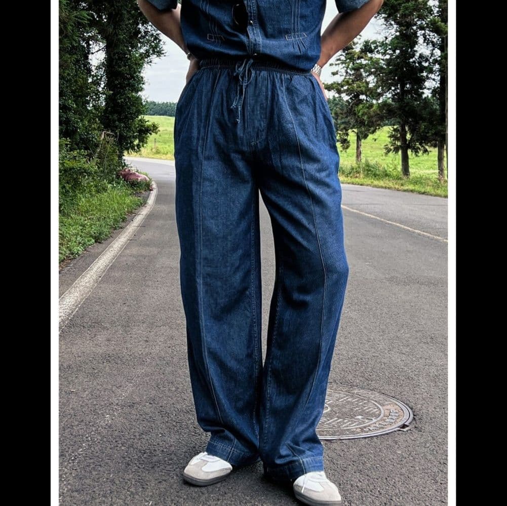 ワークテイストデニムシャツ×ワイドパンツ メンズ向けカジュアルデニムセットアップ(上下別売り)