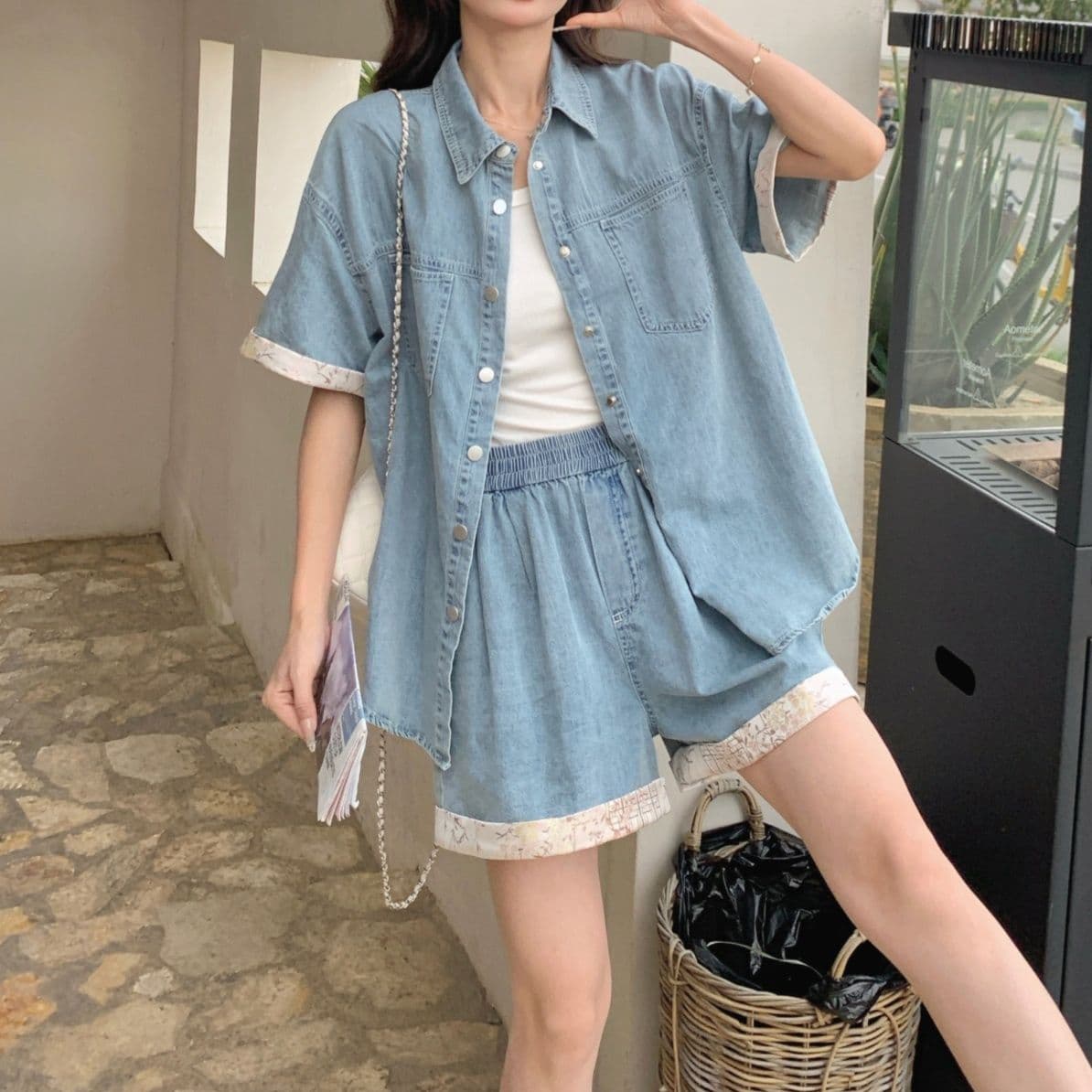 デニムセットアップ レース装飾半袖シャツ&ワイドショートパンツ レトロフェミかわ2点セット
