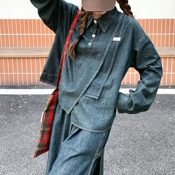 デニムセットアップ 個性派長袖シャツ&七分丈ワイドパンツ レトロモダンなフェミカジセットアップ