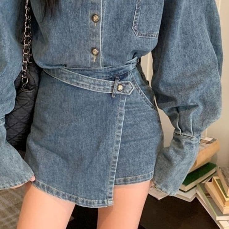 デニムセットアップ ゆったり長袖シャツ×ラップデザインスカパン 人とかぶらないレトロカジュアル2点セット