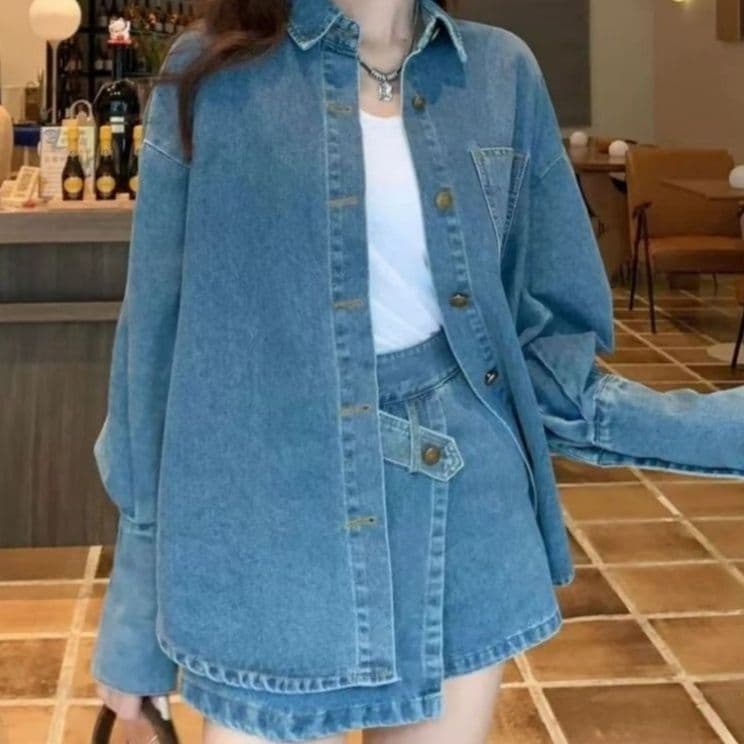 デニムセットアップ ゆったり長袖シャツ×ラップデザインスカパン 人とかぶらないレトロカジュアル2点セット