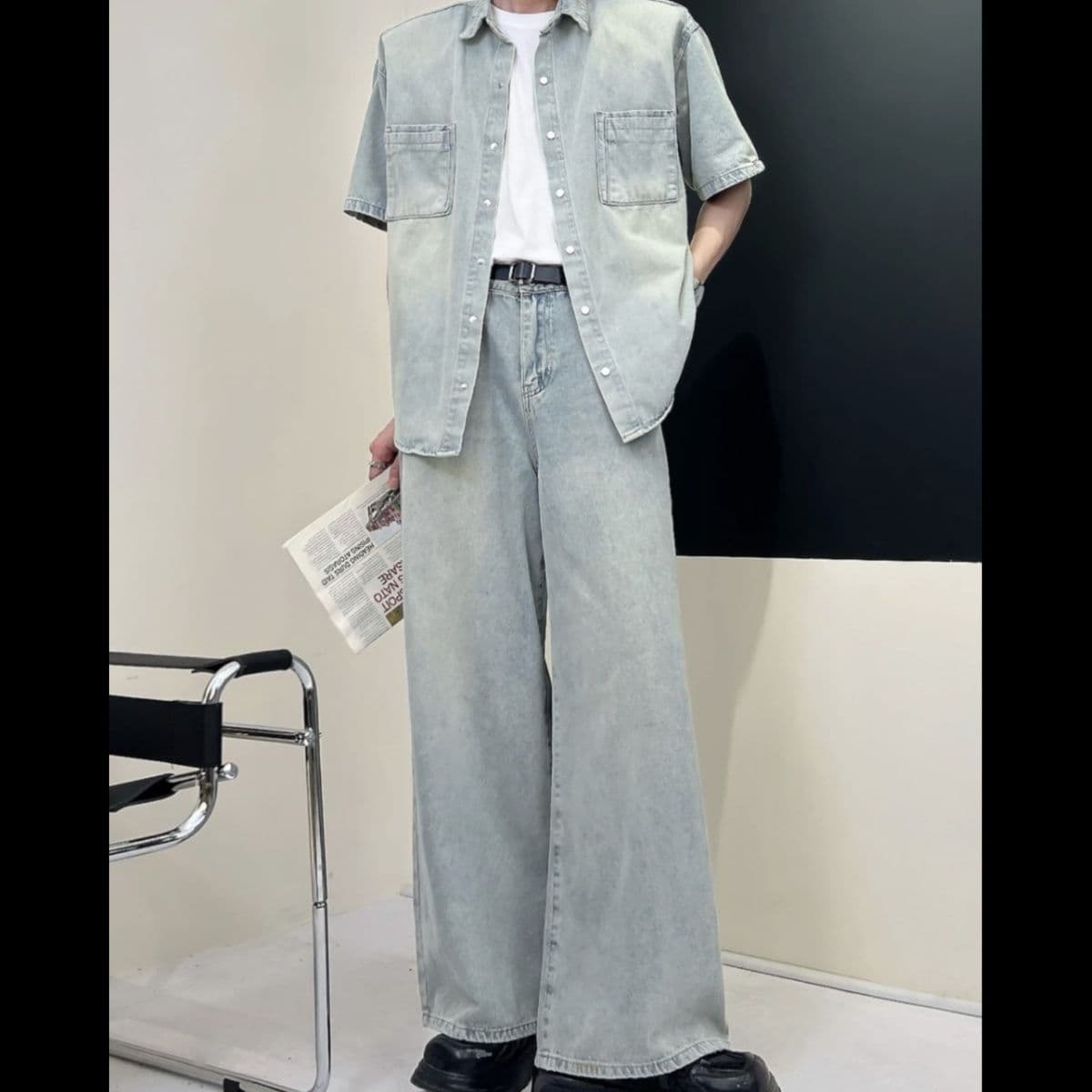 デニムセットアップ ウォッシュ加工半袖シャツ×ワイドレッグパンツ メンズ向け ゆったり個性派セット