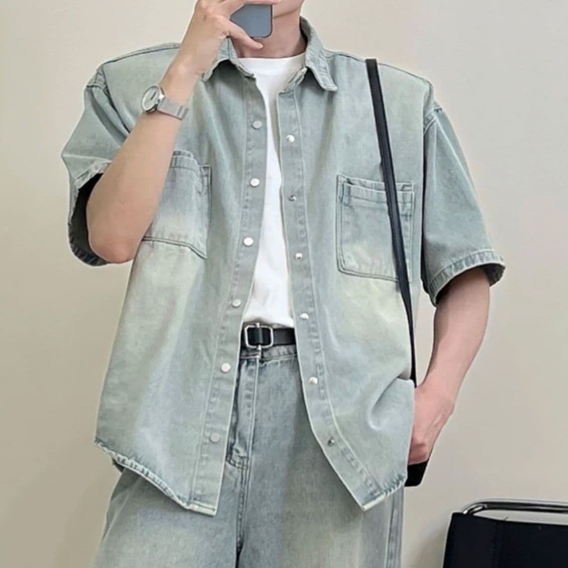デニムセットアップ ウォッシュ加工半袖シャツ×ワイドレッグパンツ メンズ向け ゆったり個性派セット