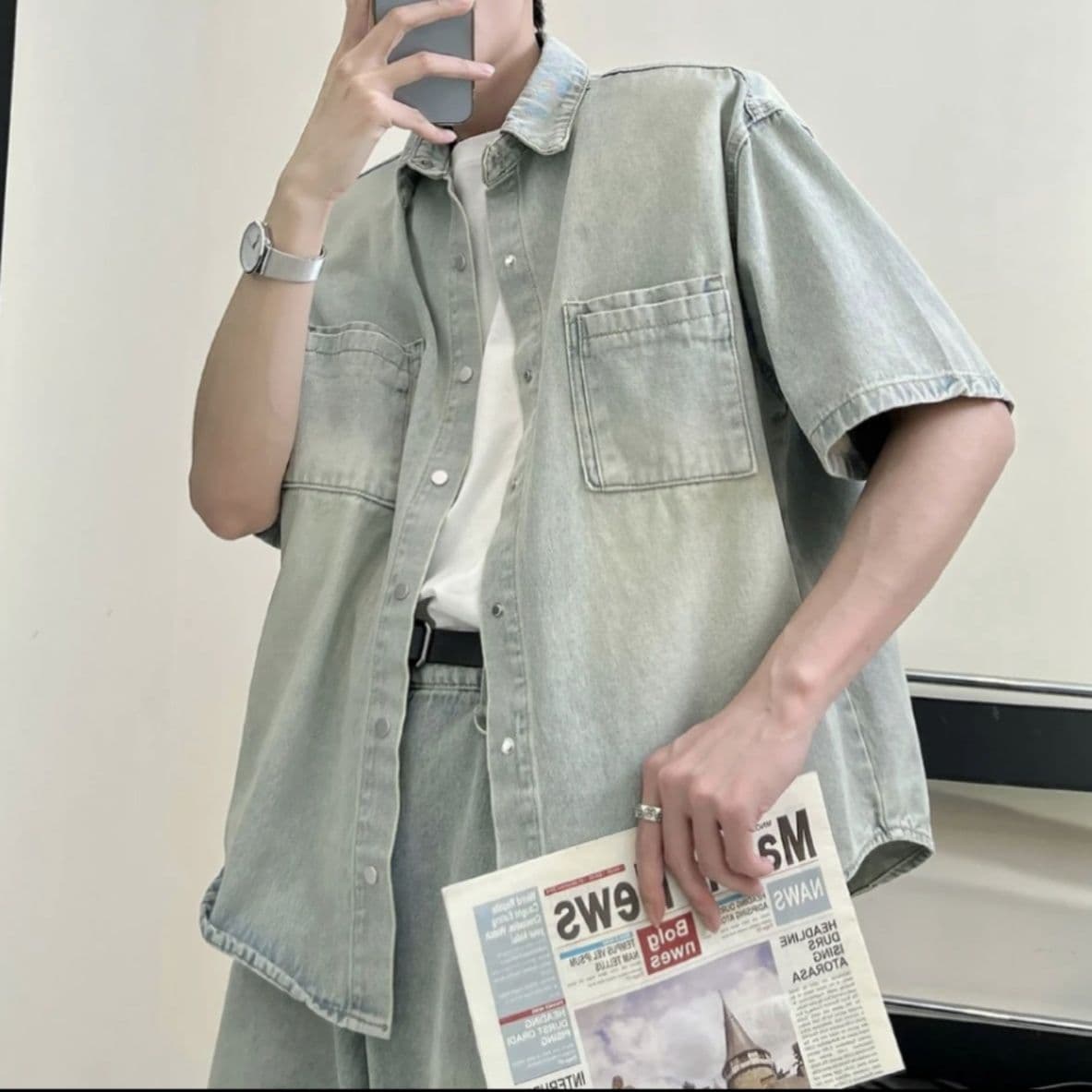 デニムセットアップ ウォッシュ加工半袖シャツ×ワイドレッグパンツ メンズ向け ゆったり個性派セット