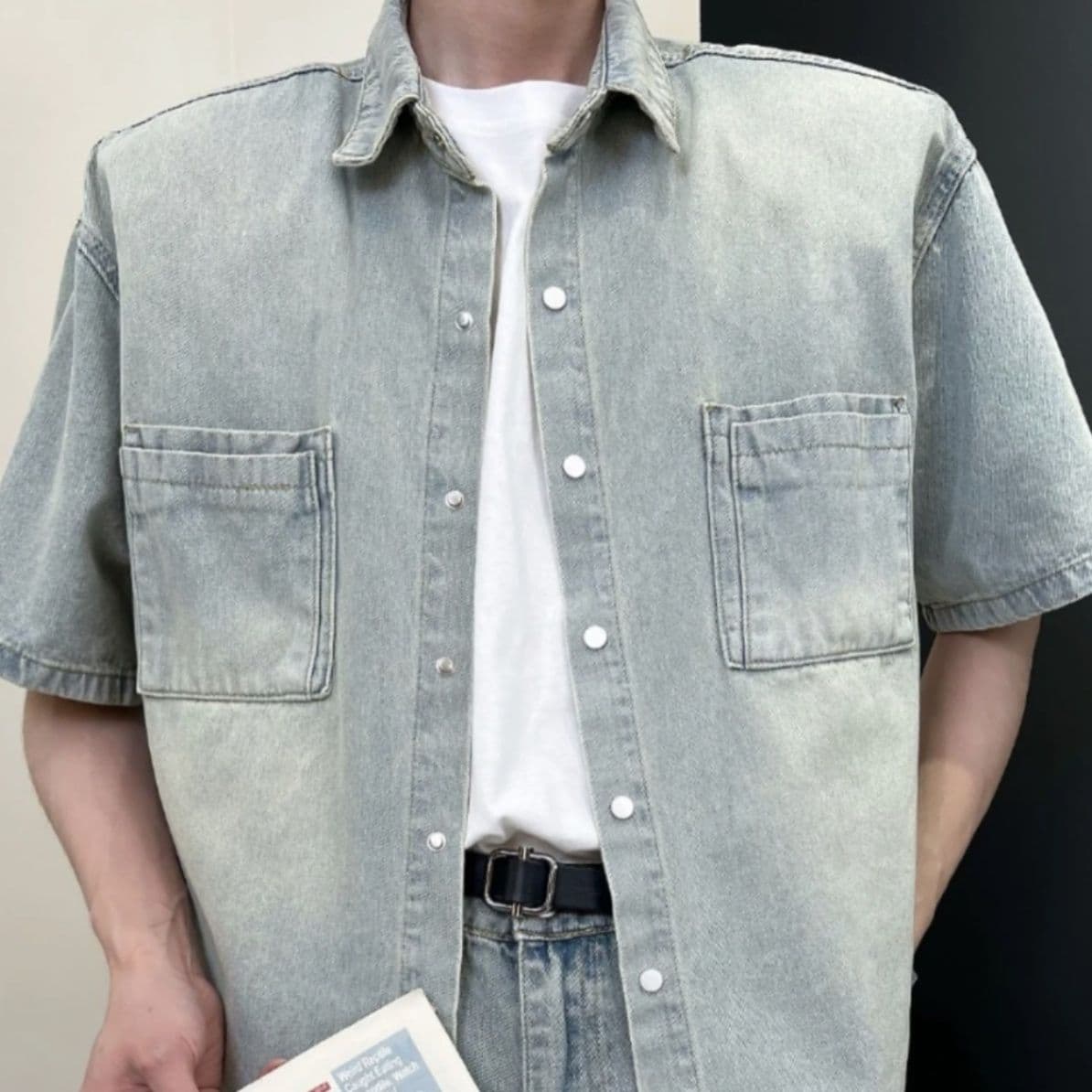 デニムセットアップ ウォッシュ加工半袖シャツ×ワイドレッグパンツ メンズ向け ゆったり個性派セット