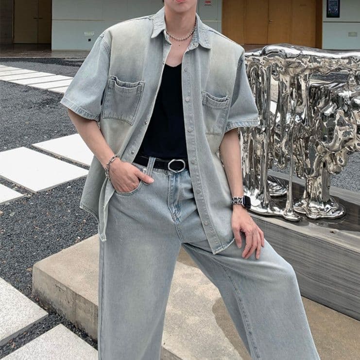 韓国風半袖デニムシャツ+ワイドパンツ メンズ向け ウォッシュ加工ゆったりカジュアルセットアップ(上下別売り)