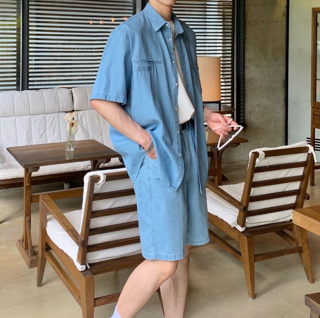 ワイドシルエット半袖シャツ&ハーフパンツ シンプル万能 メンズ夏向けデニムセットアップ(上下別売り)
