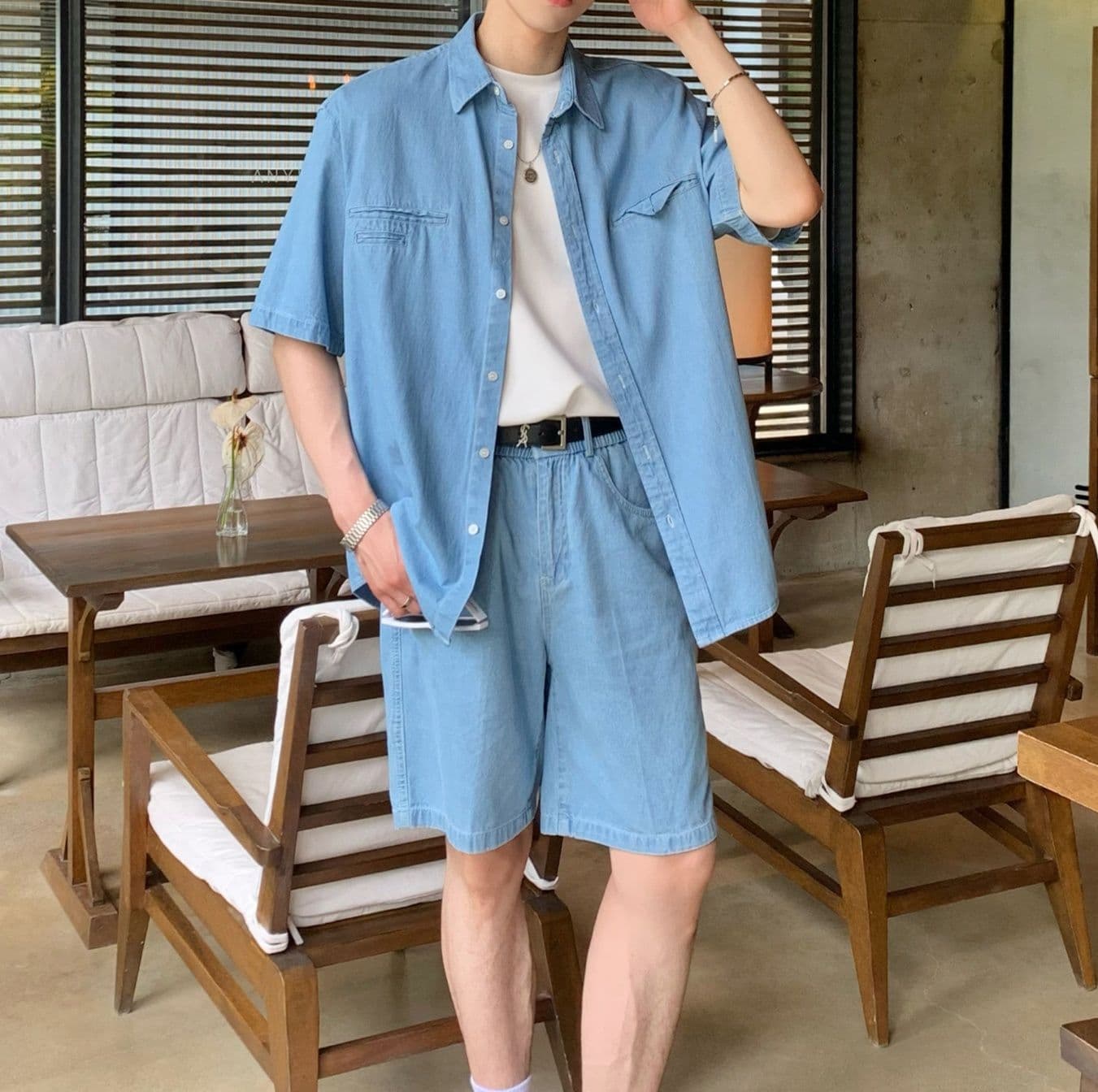 ワイドシルエット半袖シャツ&ハーフパンツ シンプル万能 メンズ夏向けデニムセットアップ(上下別売り)