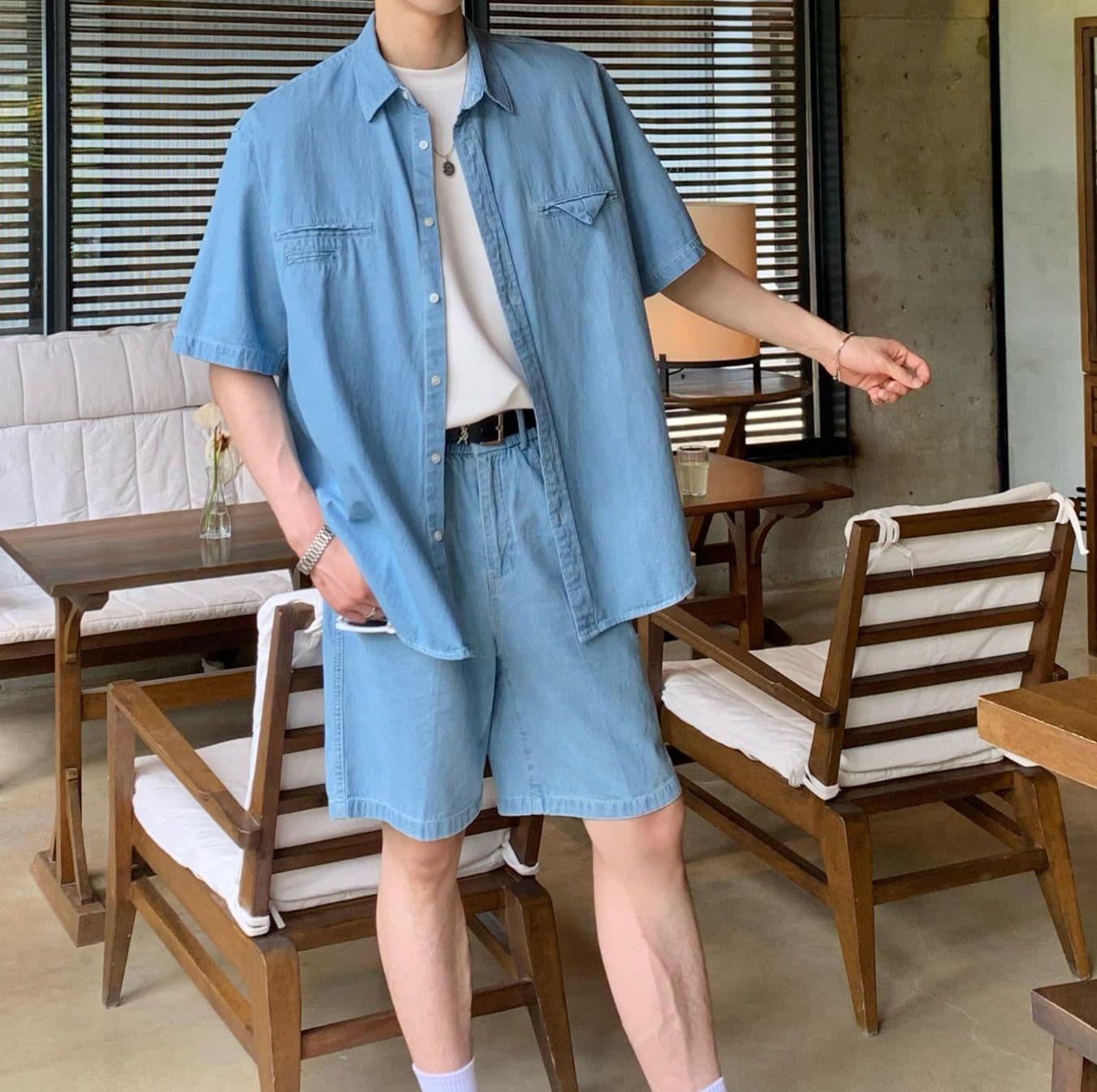 ワイドシルエット半袖シャツ&ハーフパンツ シンプル万能 メンズ夏向けデニムセットアップ(上下別売り)