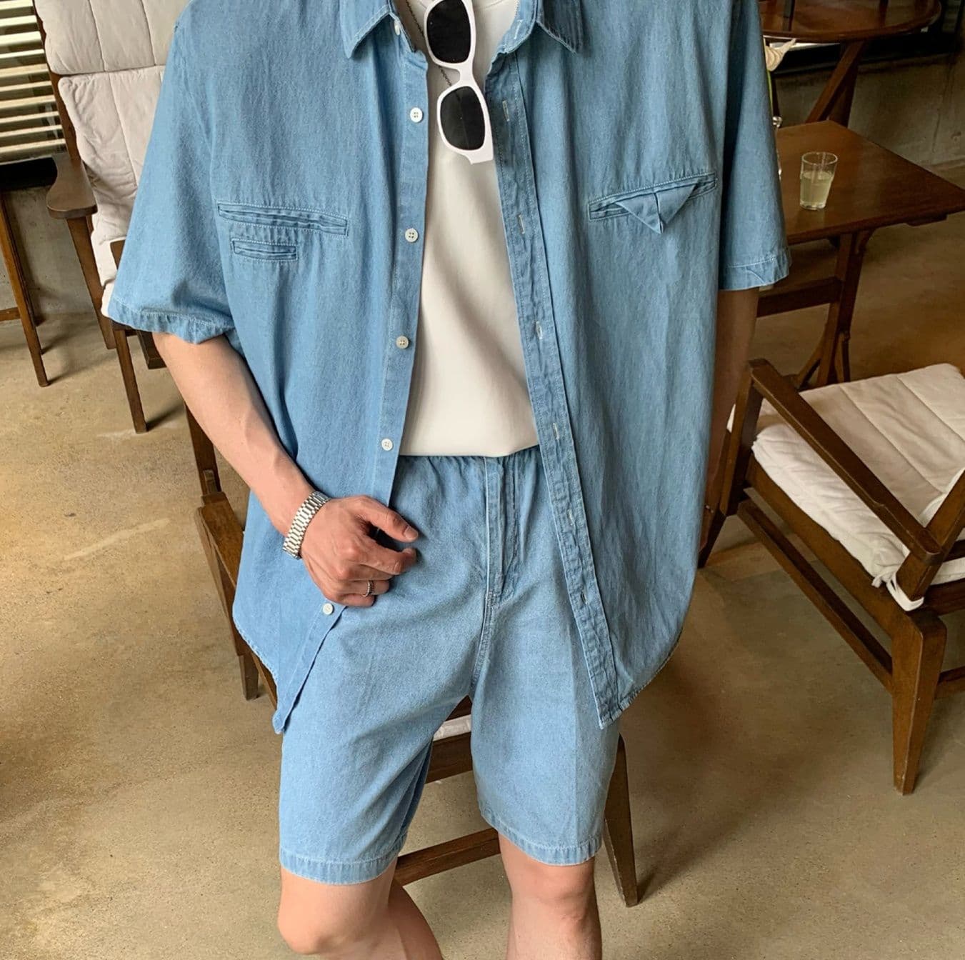 ワイドシルエット半袖シャツ&ハーフパンツ シンプル万能 メンズ夏向けデニムセットアップ(上下別売り)