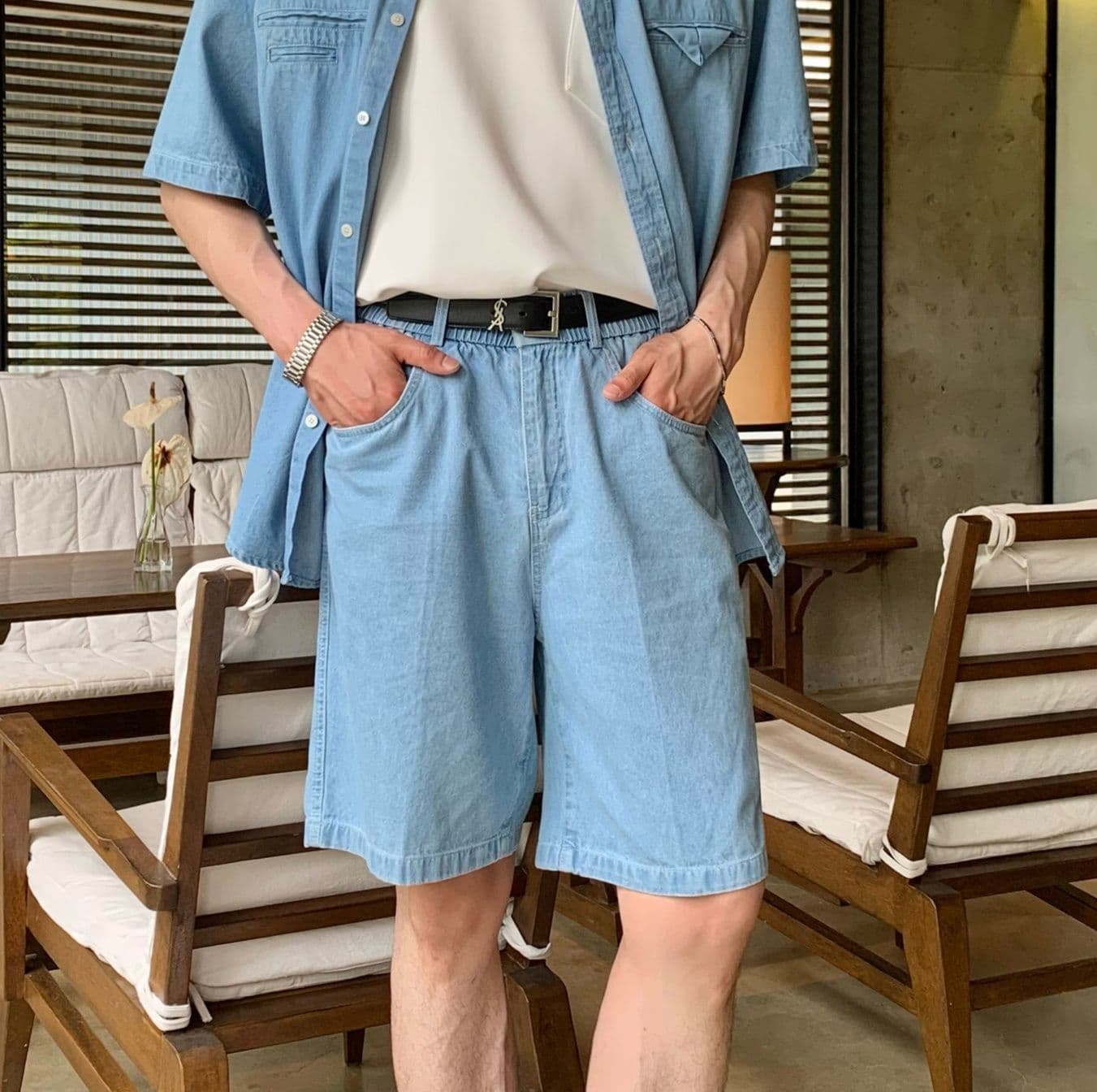 ワイドシルエット半袖シャツ&ハーフパンツ シンプル万能 メンズ夏向けデニムセットアップ(上下別売り)