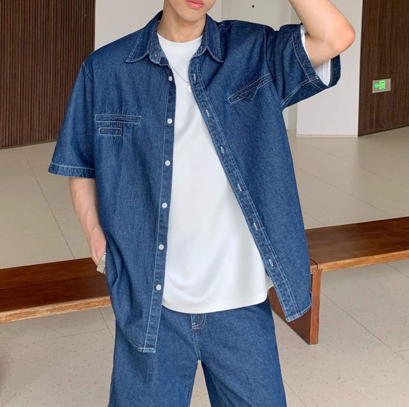 ワイドシルエット半袖シャツ&ハーフパンツ シンプル万能 メンズ夏向けデニムセットアップ(上下別売り)