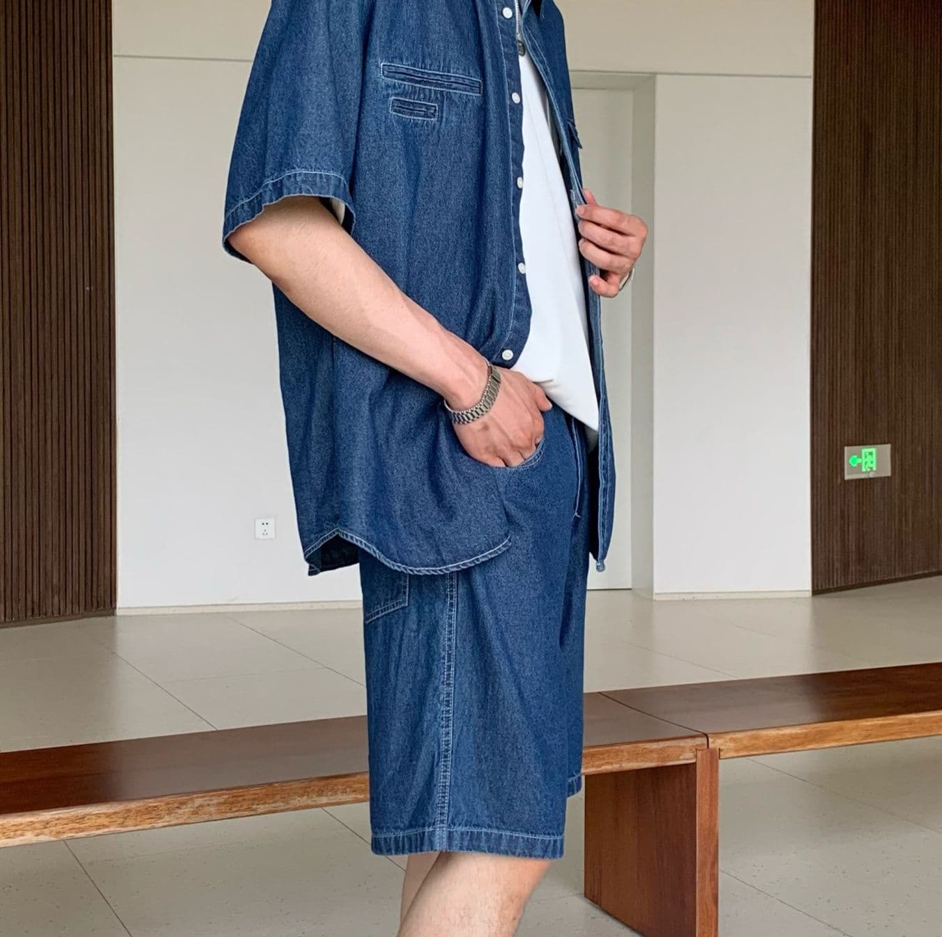 ワイドシルエット半袖シャツ&ハーフパンツ シンプル万能 メンズ夏向けデニムセットアップ(上下別売り)