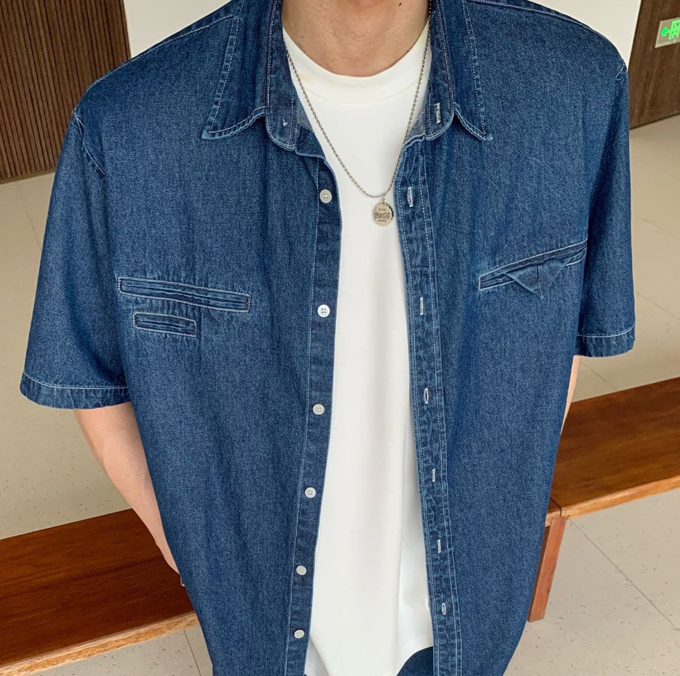 ワイドシルエット半袖シャツ&ハーフパンツ シンプル万能 メンズ夏向けデニムセットアップ(上下別売り)