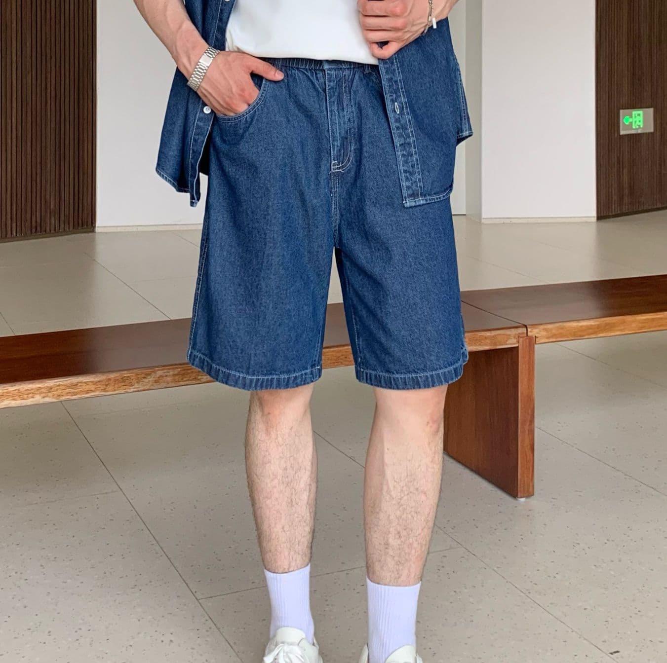 ワイドシルエット半袖シャツ&ハーフパンツ シンプル万能 メンズ夏向けデニムセットアップ(上下別売り)