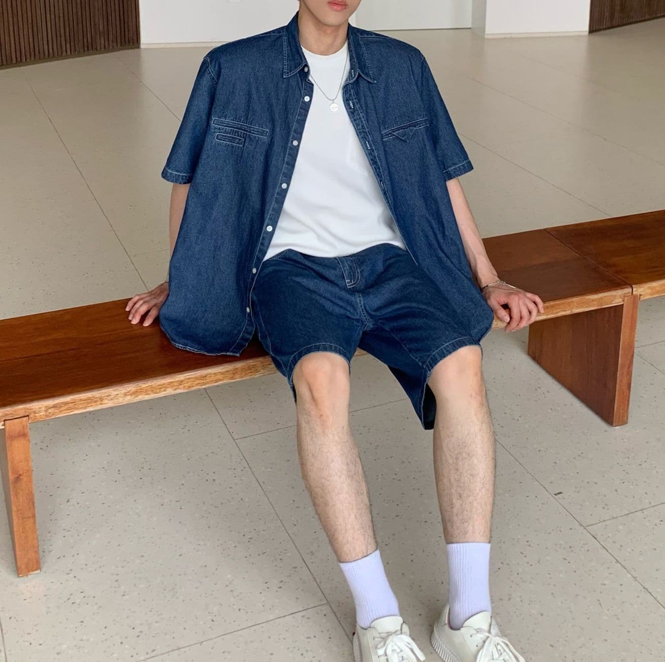 ワイドシルエット半袖シャツ&ハーフパンツ シンプル万能 メンズ夏向けデニムセットアップ(上下別売り)
