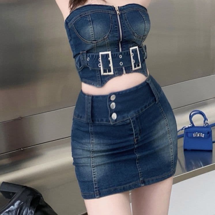 ベルト装飾ビスチェトップス×タイトミニスカート 人とかぶらない タイトフィットデニムセットアップ