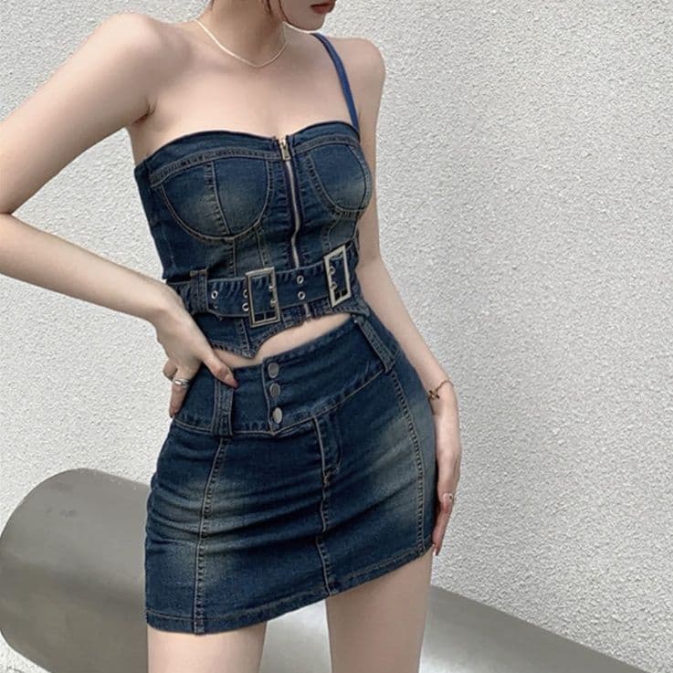 ベルト装飾ビスチェトップス×タイトミニスカート 人とかぶらない タイトフィットデニムセットアップ