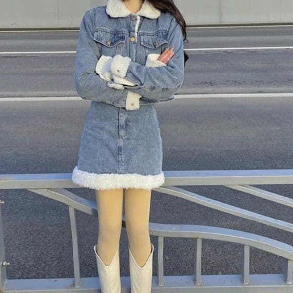 ボア装飾デニムショートジャケット&ハイウエストミニスカート あったか裏起毛 フェミかわ秋冬映えセットアップ