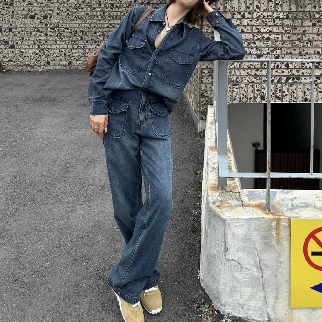 ゆったり長袖シャツ&デニムロングパンツ 着回し抜群 大人カジュアルセットアップ(上下別売り)