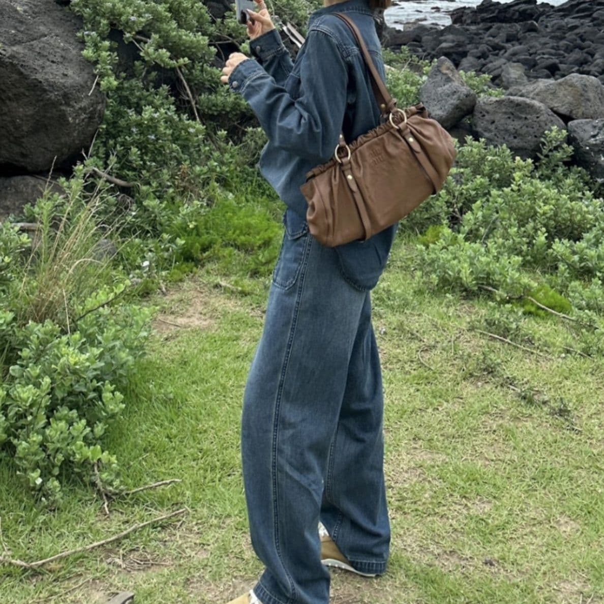 ゆったり長袖シャツ&デニムロングパンツ 着回し抜群 大人カジュアルセットアップ(上下別売り)