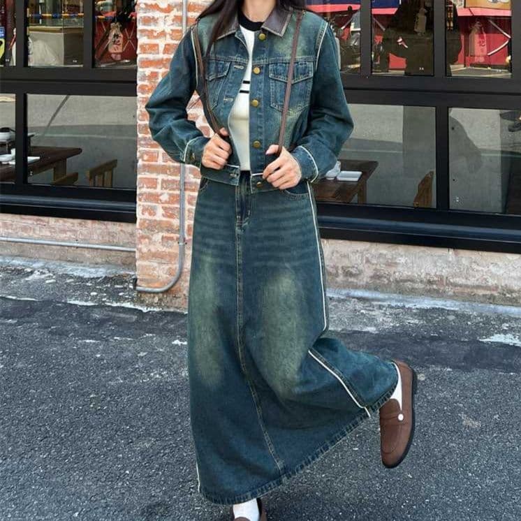 クラシカルショートジャケット+バックスリットロングスカート 洗練ステッチ 大人可愛いレトロデニムセットアップ