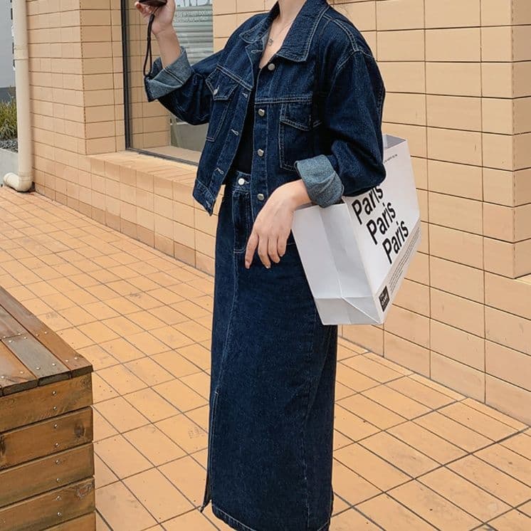 クラシカルデニムジャケット×フロントスリットミディスカート 着回し抜群 香港レトロな塩系セットアップ