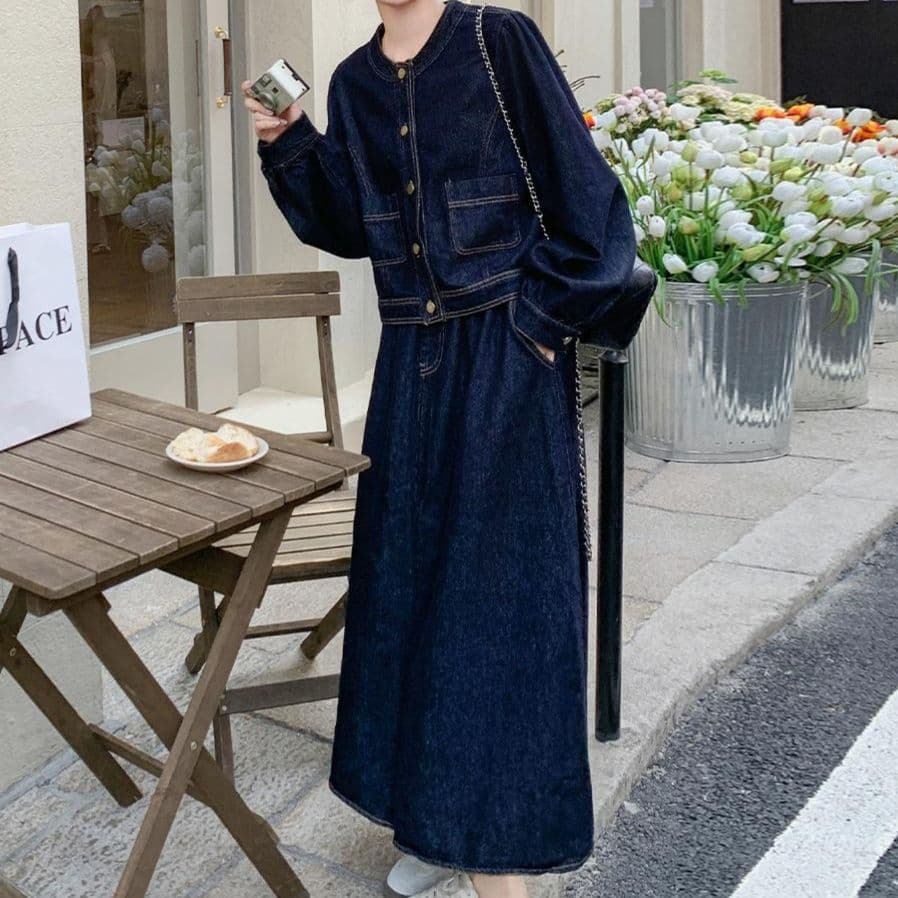 デニムセットアップ ノーカラージャケット&ハイウエストロングスカート 高級感漂うきれいめ万能2点セット