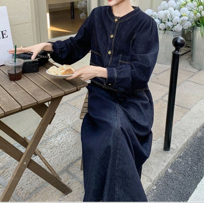 デニムセットアップ ノーカラージャケット&ハイウエストロングスカート 高級感漂うきれいめ万能2点セット