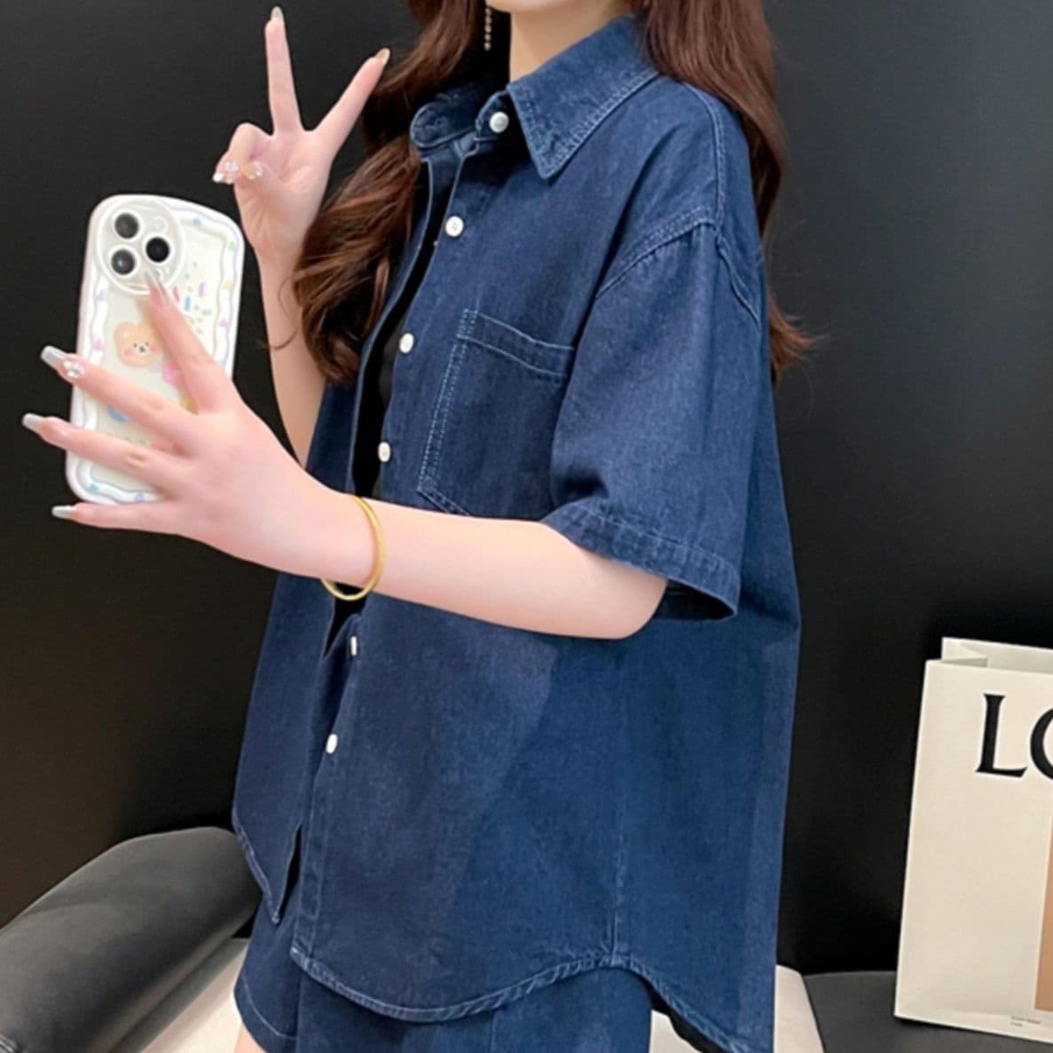 デニムセットアップ ゆったり半袖シャツ+ショートパンツ シンプルかわいい夏映え2点セット