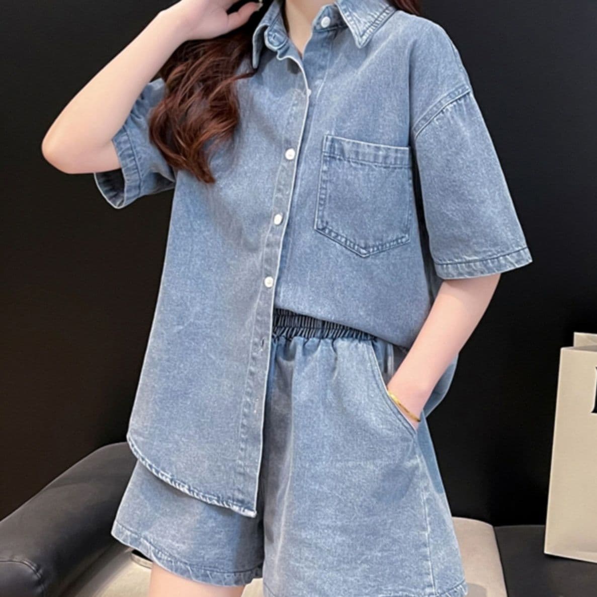 デニムセットアップ ゆったり半袖シャツ+ショートパンツ シンプルかわいい夏映え2点セット