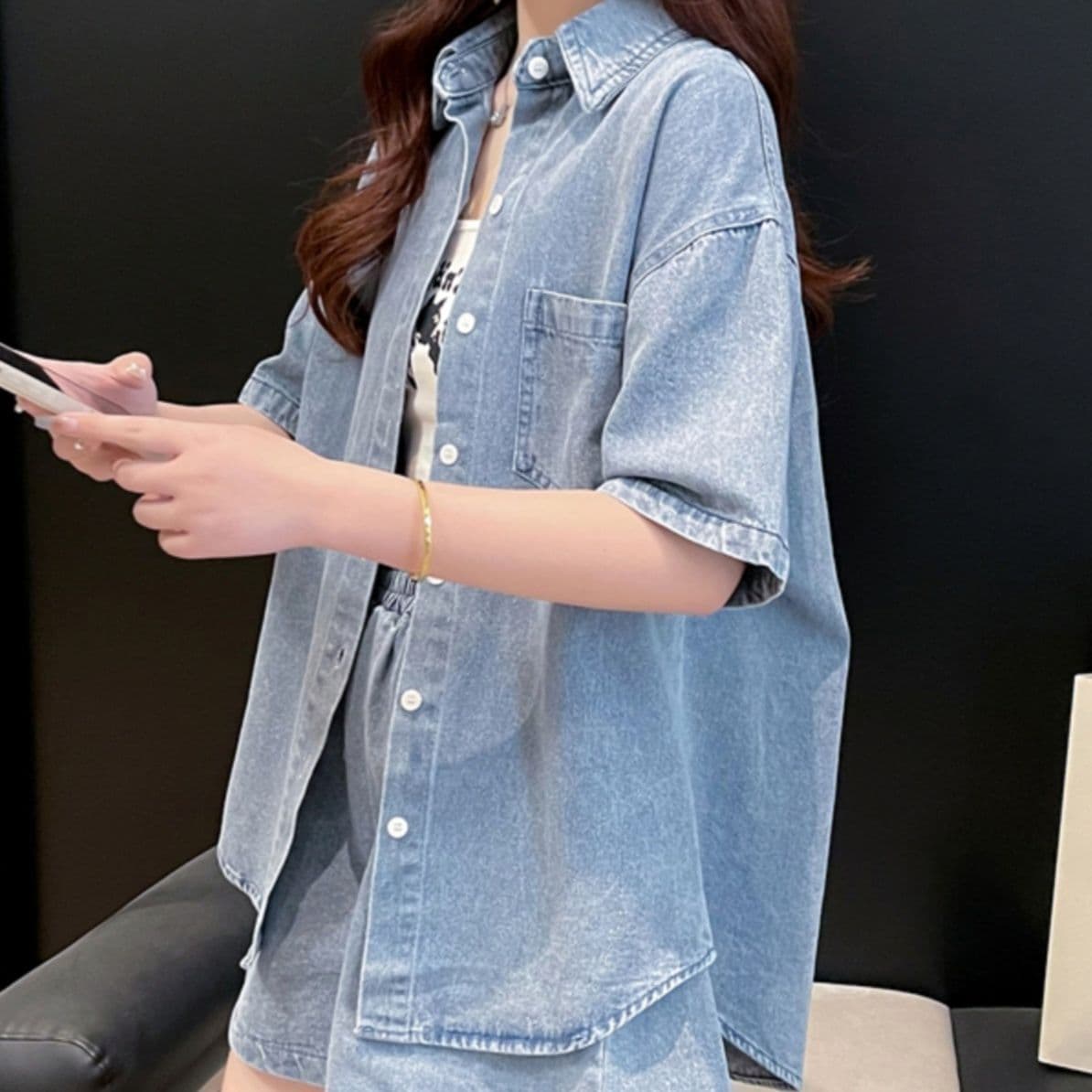 デニムセットアップ ゆったり半袖シャツ+ショートパンツ シンプルかわいい夏映え2点セット