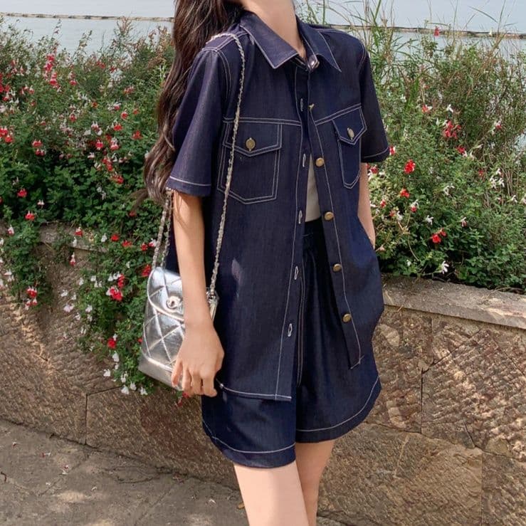 韓国風デニム半袖シャツ&ショートパンツ 夏向け 高級感漂う塩系レトロセットアップ