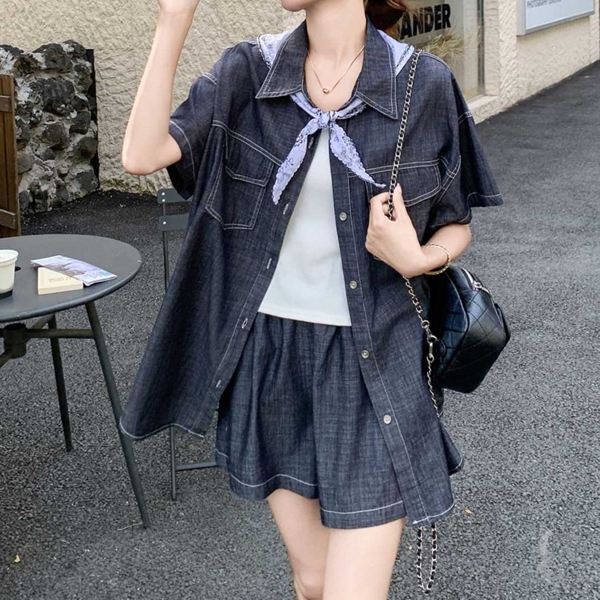 クラシカルデニム半袖シャツ&ショートパンツ ゆったりきれいめ 濃紺高見えセットアップ