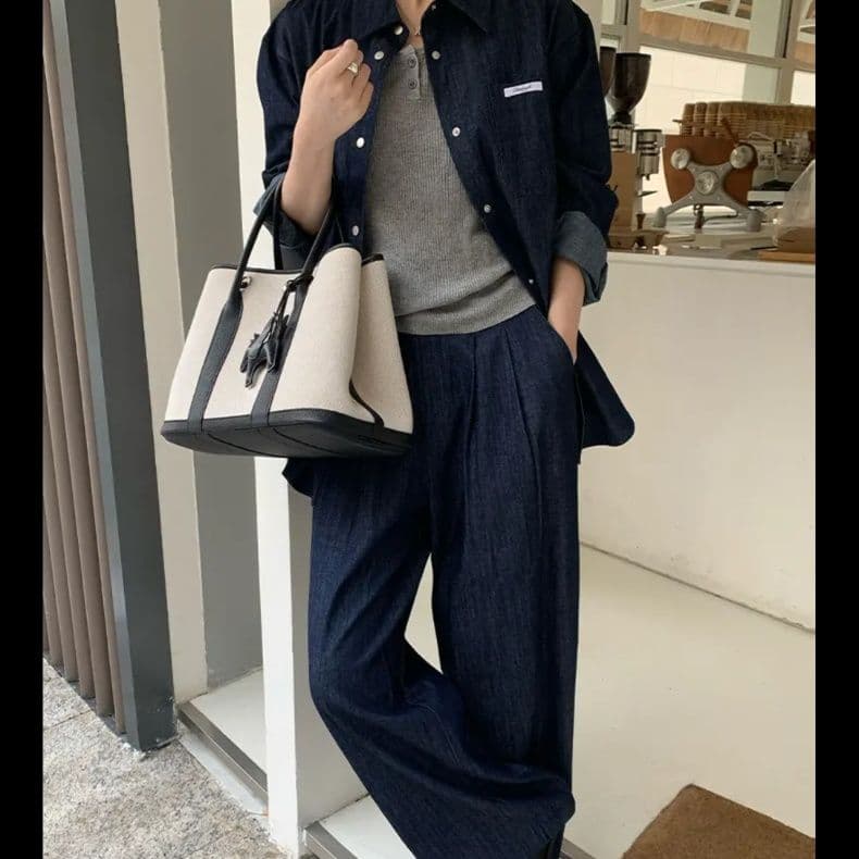 デニムセットアップ シンプルデニムシャツ&ワイドパンツ 着回し力抜群 きれいめカジュアル2点セット