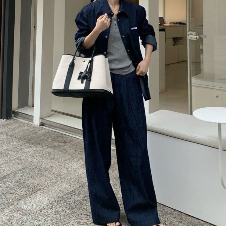 デニムセットアップ シンプルデニムシャツ&ワイドパンツ 着回し力抜群 きれいめカジュアル2点セット