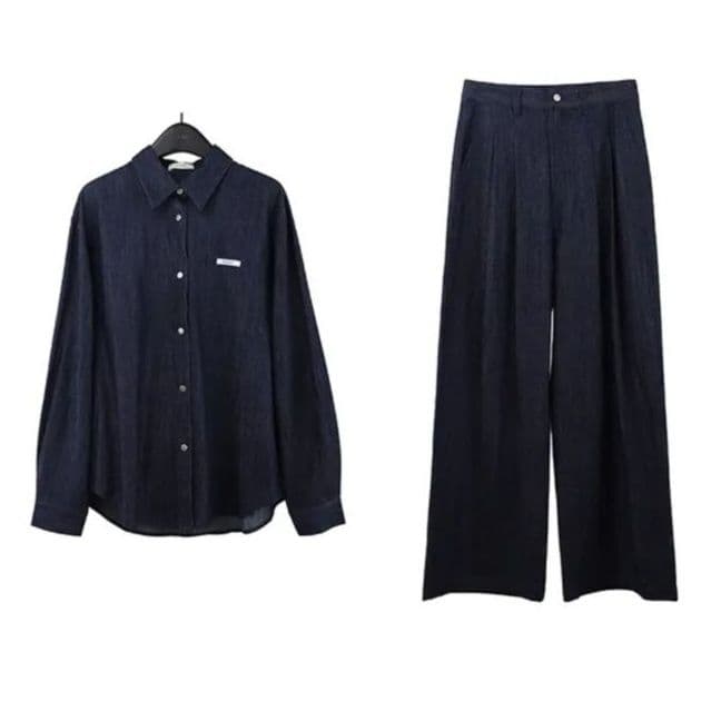 デニムセットアップ シンプルデニムシャツ&ワイドパンツ 着回し力抜群 きれいめカジュアル2点セット