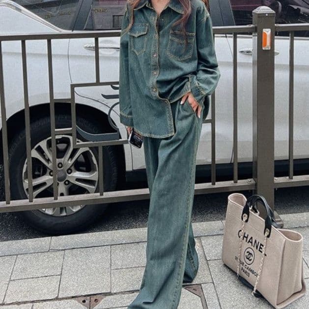 オーバーサイズデニムシャツ&ワイドパンツ 香港風レトロ垢抜けセットアップ