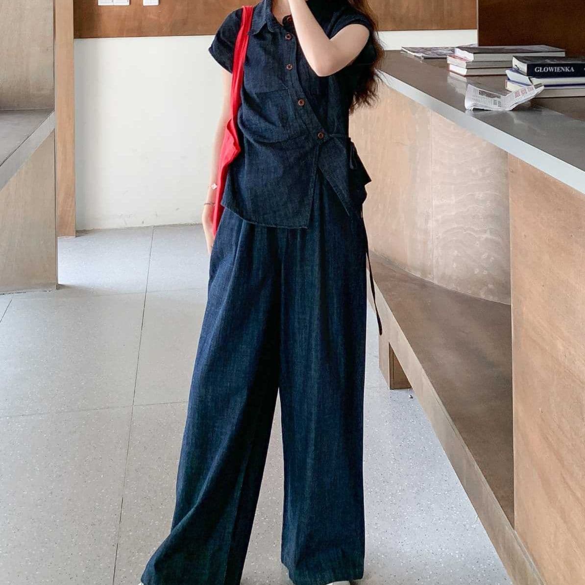デニムセットアップ アシンメトリー半袖シャツ&ワイドパンツ 人とかぶらない高見えクール上下セット