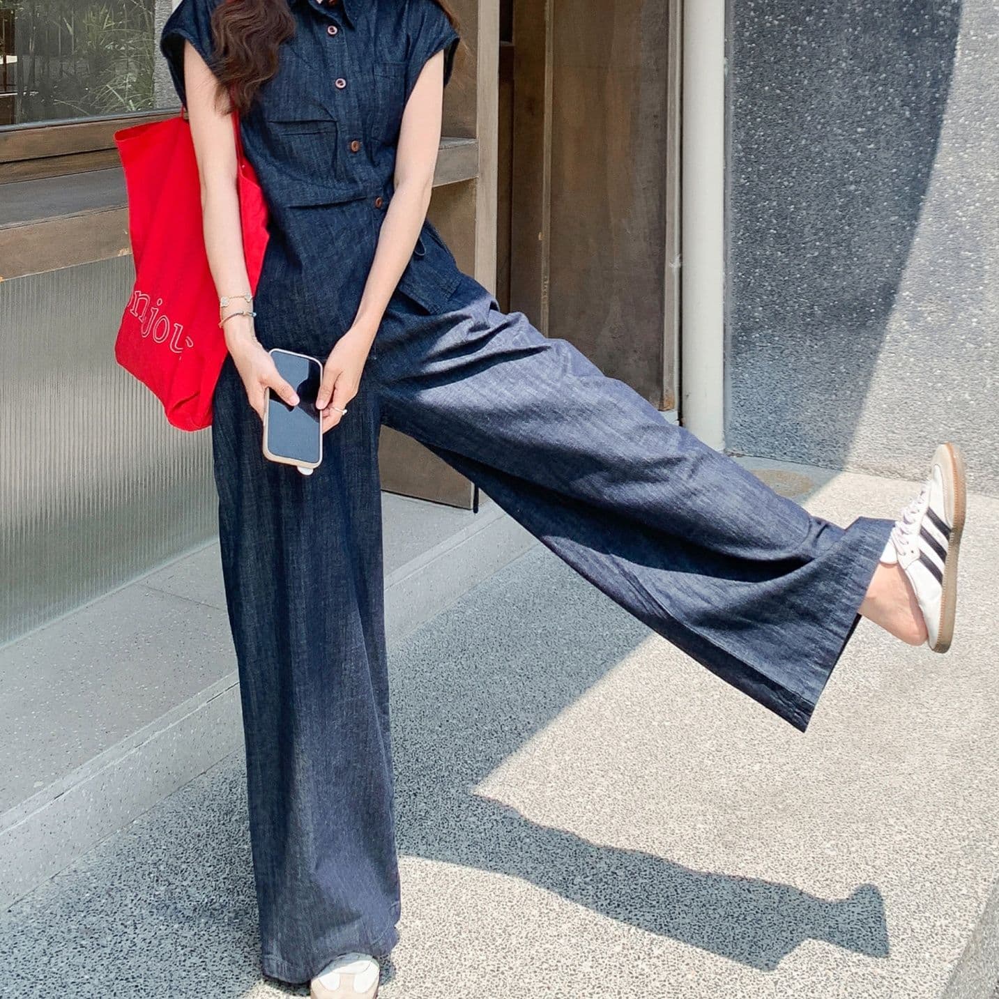 デニムセットアップ アシンメトリー半袖シャツ&ワイドパンツ 人とかぶらない高見えクール上下セット
