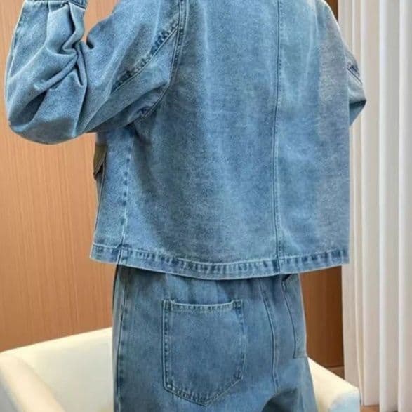モダンチャイナデニムジャケット&ハイウエストワイドパンツ ゆったり可愛い レトロ抜け感セットアップ