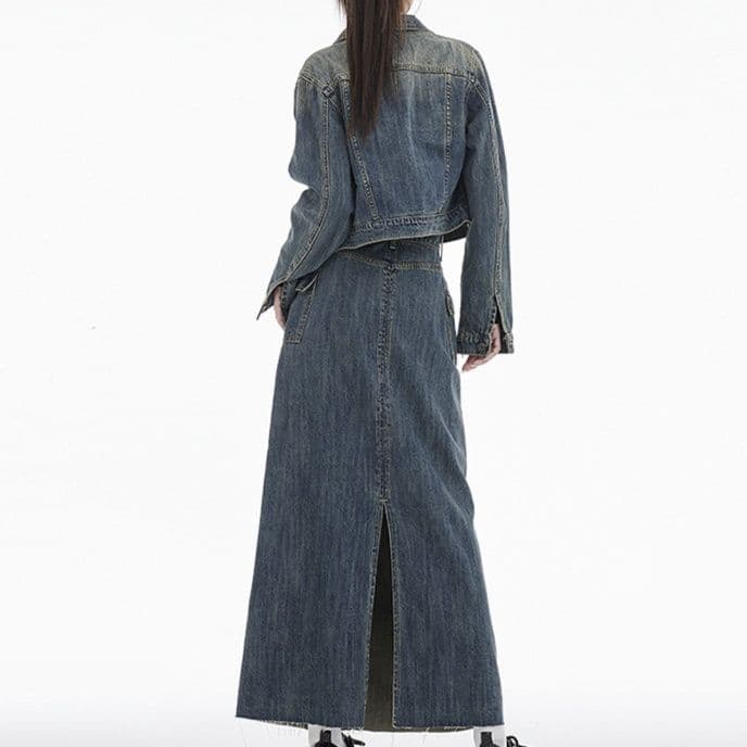 デニムセットアップ ショートジャケット×スリットロングスカート 大人可愛いヴィンテージ風2点セット