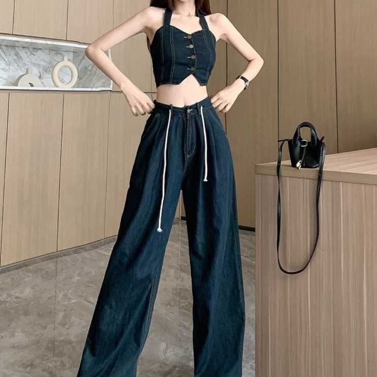 デニムセットアップ ビスチェ風トップス&ワイドパンツ きれいめ肌見せY2K上下セット