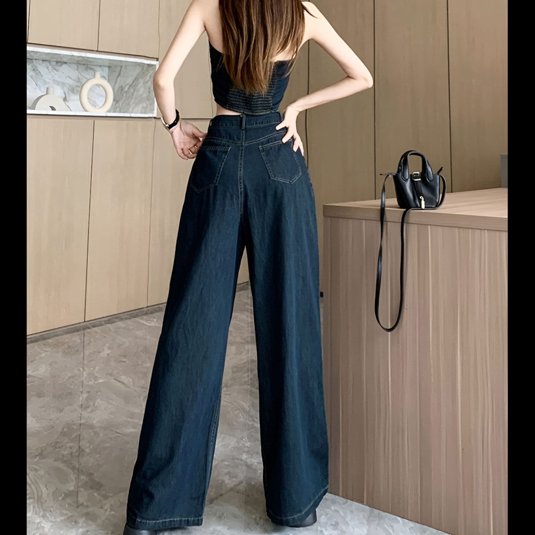 デニムセットアップ ビスチェ風トップス&ワイドパンツ きれいめ肌見せY2K上下セット
