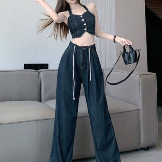 デニムセットアップ ビスチェ風トップス&ワイドパンツ きれいめ肌見せY2K上下セット