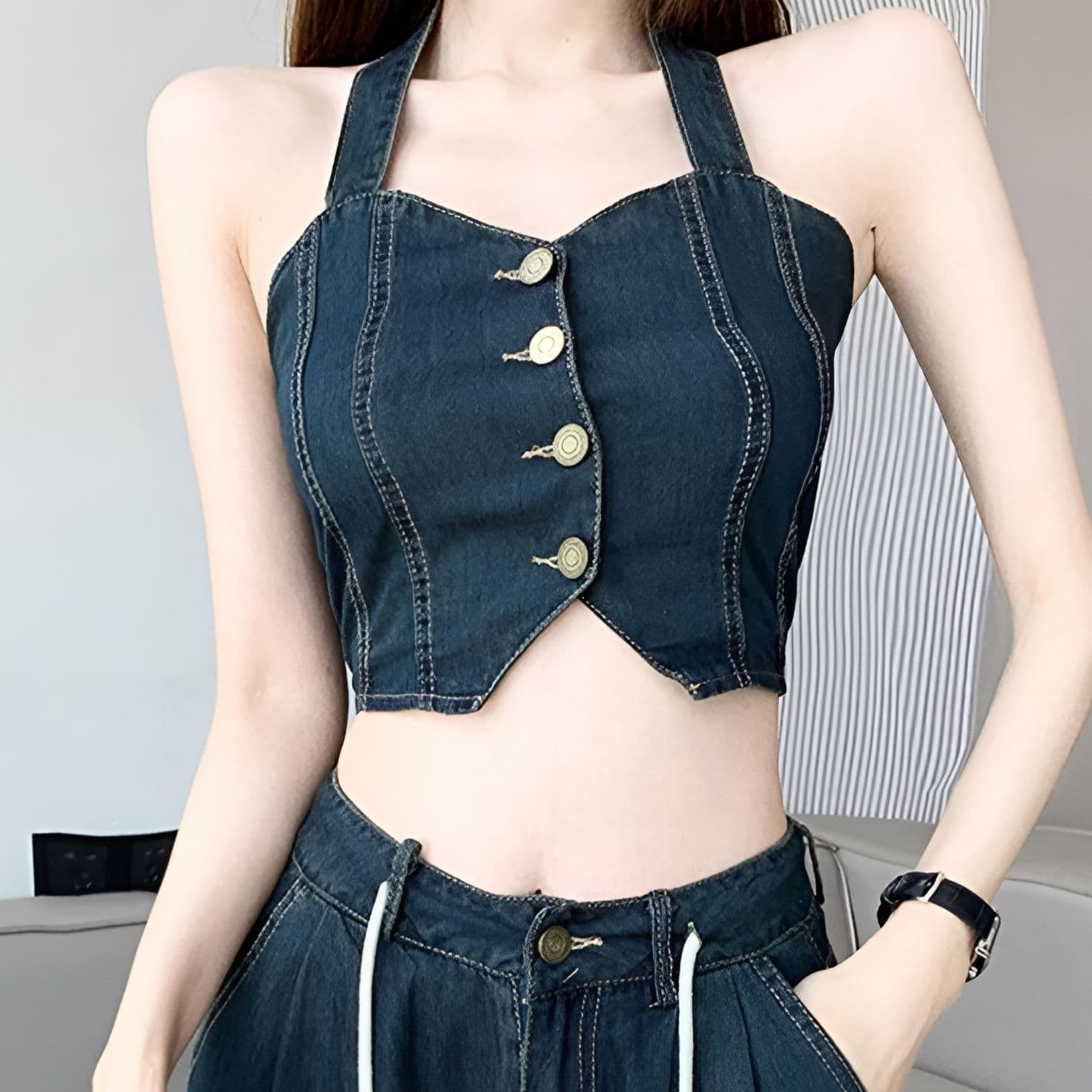 デニムセットアップ ビスチェ風トップス&ワイドパンツ きれいめ肌見せY2K上下セット